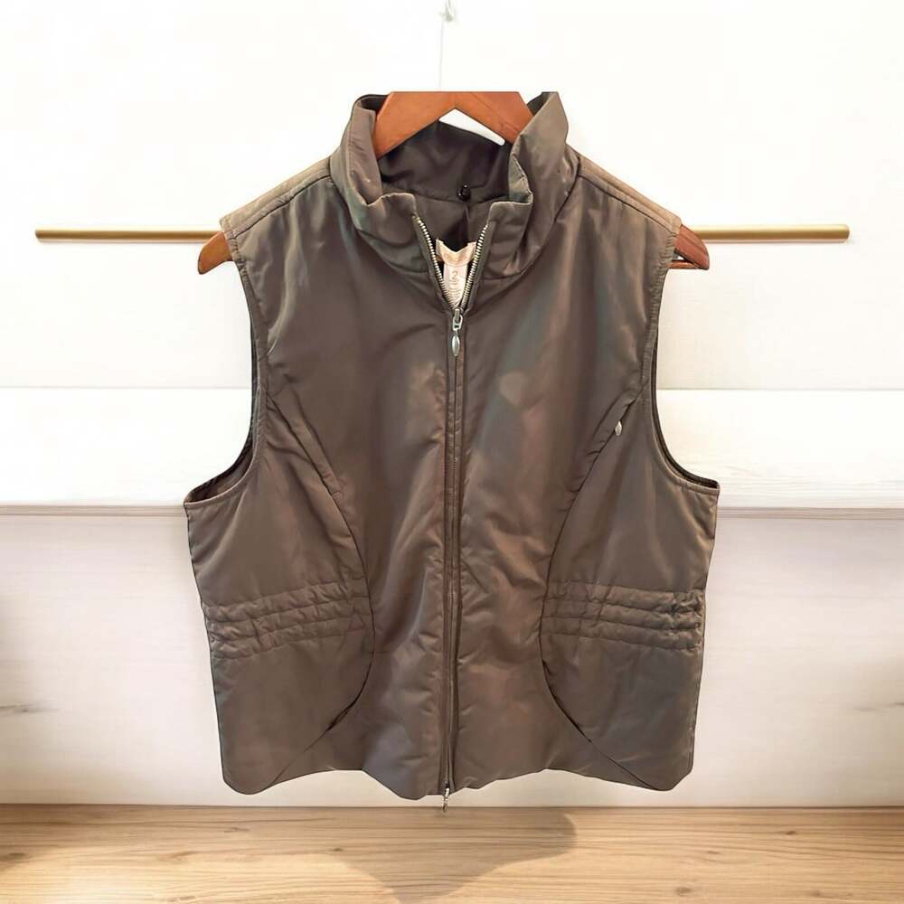 Chicos Nylon Quilted Zip up Vest Khaki Green Sz 2 No Hood READ
